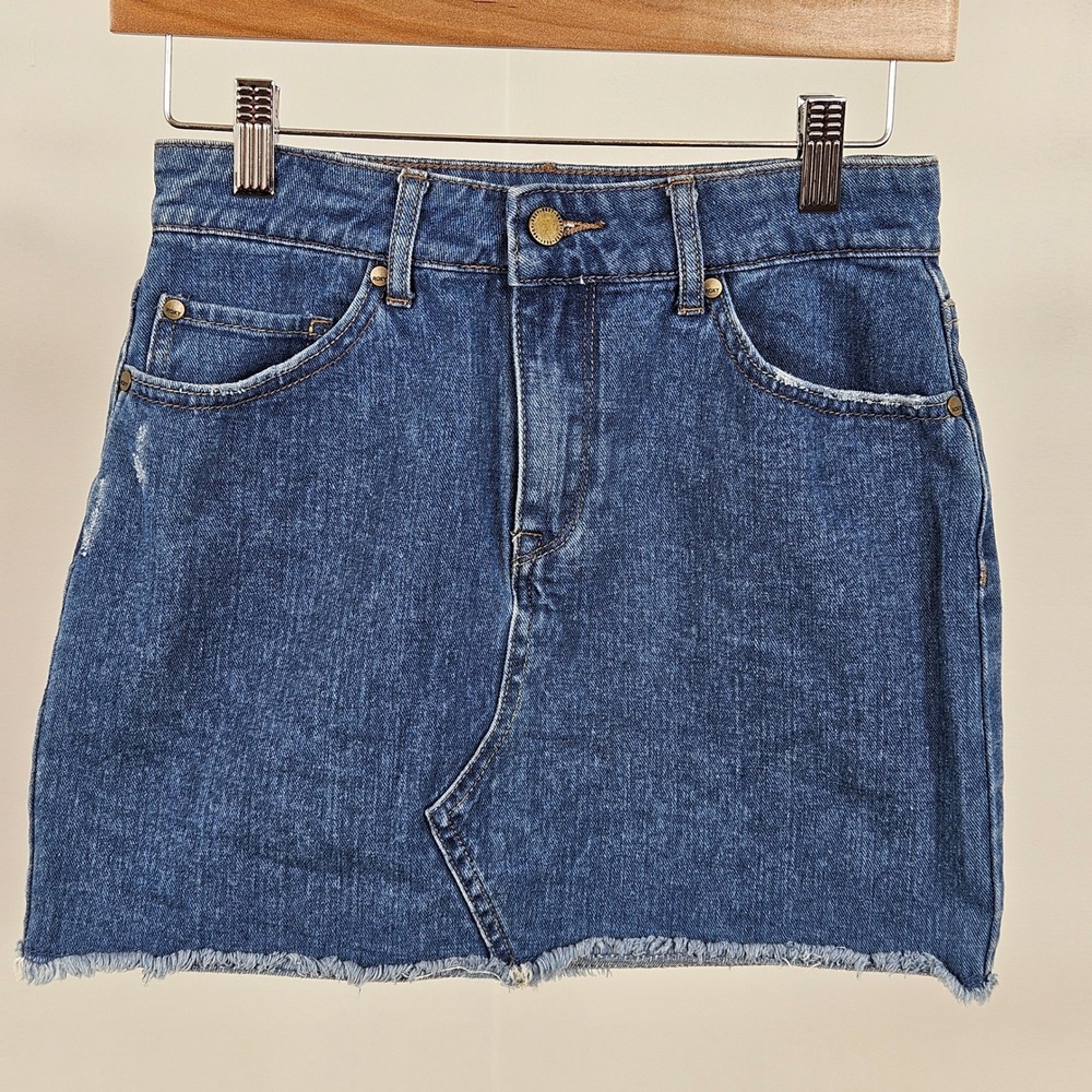 Roxy Icon Denim Mini Skirt XS Blue Raw Hem Distressed Cotton